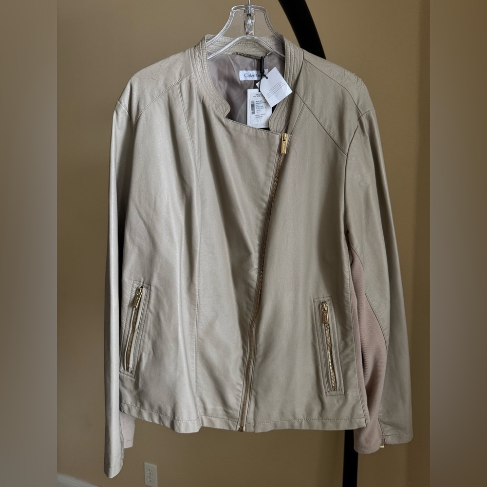 Calvin Klein Latte Vegan Leather Moto Jacket Gold Hardware